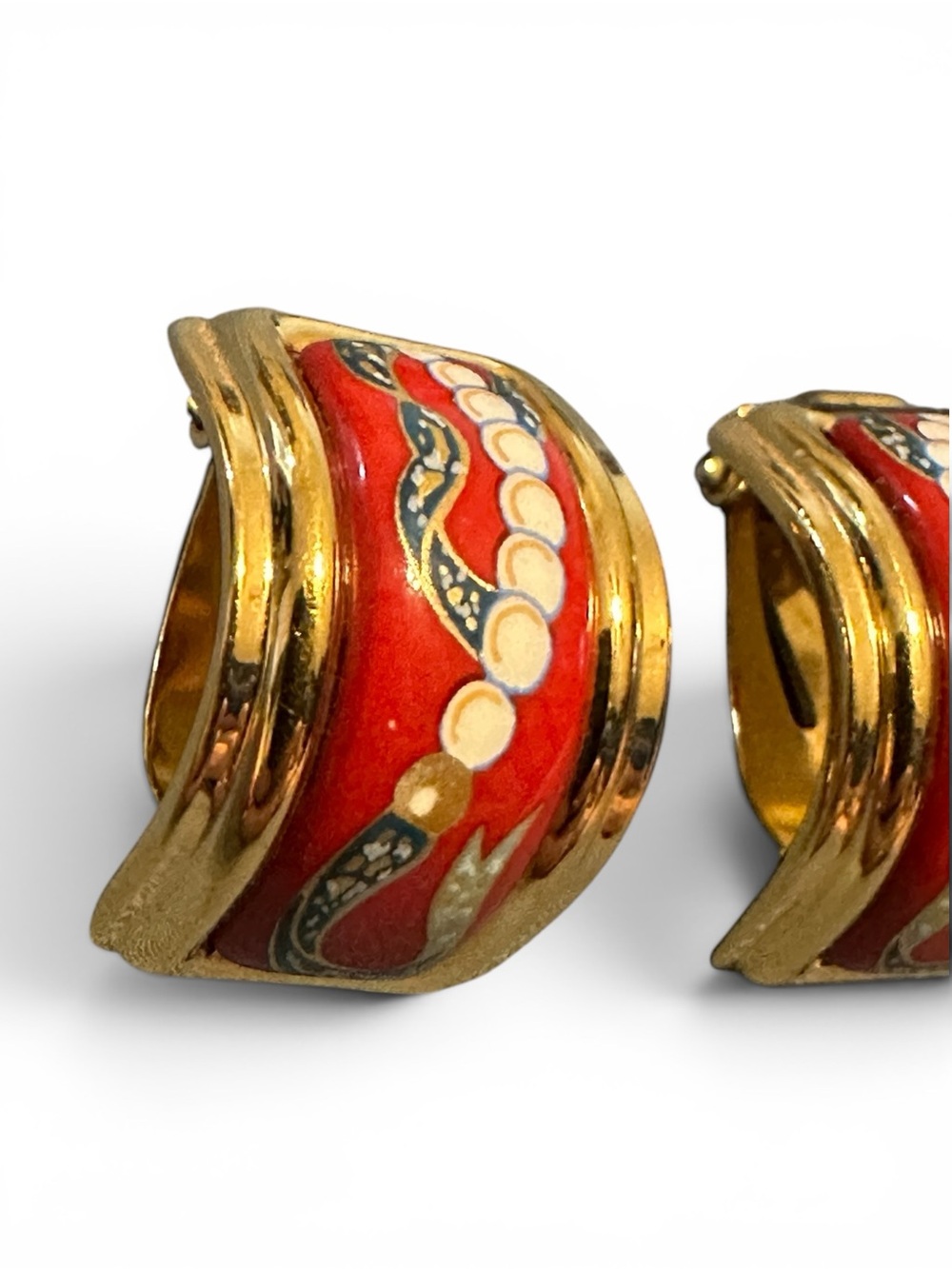 Hermès Vintage Cloisonné Enamel Clip Earrings Red Gold Plated | COA | Box - Picture 3 of 8